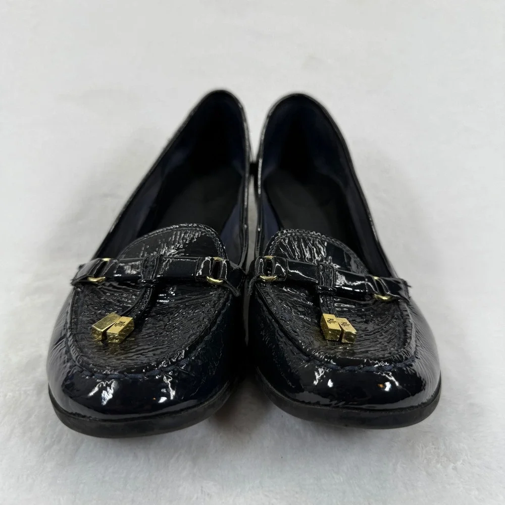 Lauren Ralph Lauren‎ Black Patent Leather Wedge Loafers with Gold Accents 8 READ